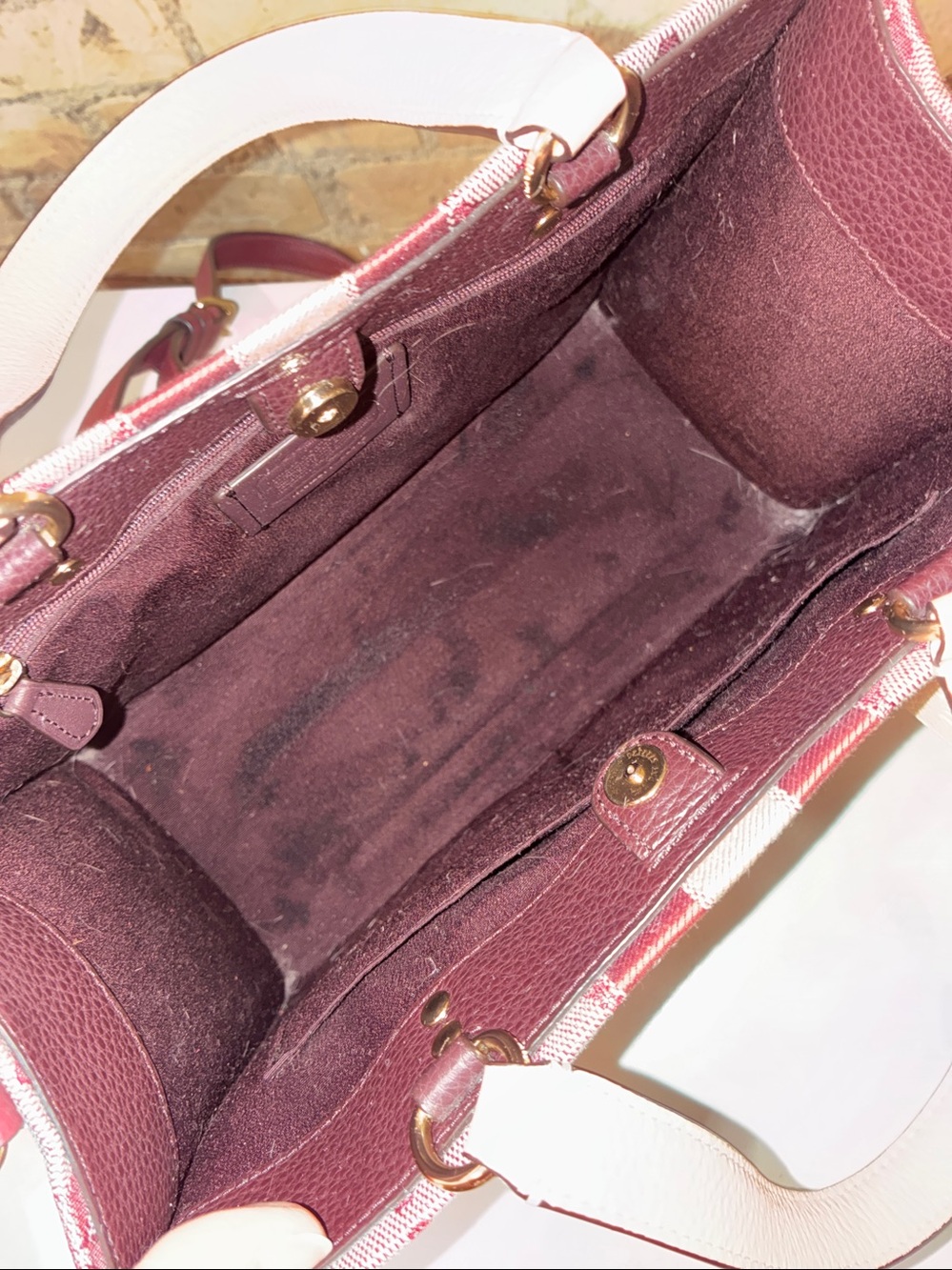 Coach C8448 Dempsey Burgundy and Cream Signature Stripe Satchel - Picture 6 of 8